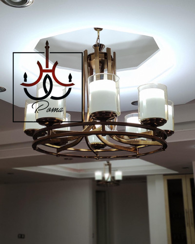 لوستر مدرن عصایی دو رینگ هشت شاخه رنگ نسکافهای مناسب سالن پذیرایی کلاسیک