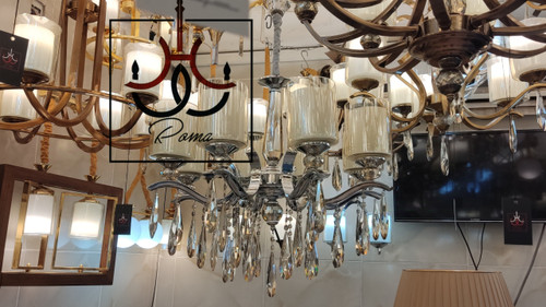 لوستر مرغابی سیلور با بدنه برنجی و آویزهای کریستالی زیبا، مناسب سالن پذیرایی