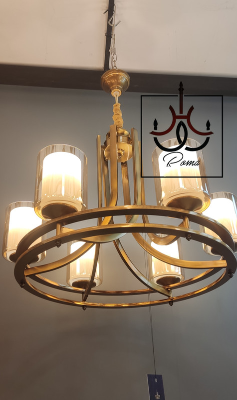 لوستر مدرن عصایی دو رینگ شش شاخه زیتونی | مناسب سالن و پذیرایی | نوردهی ۳۵ متر | قطر ۶۵