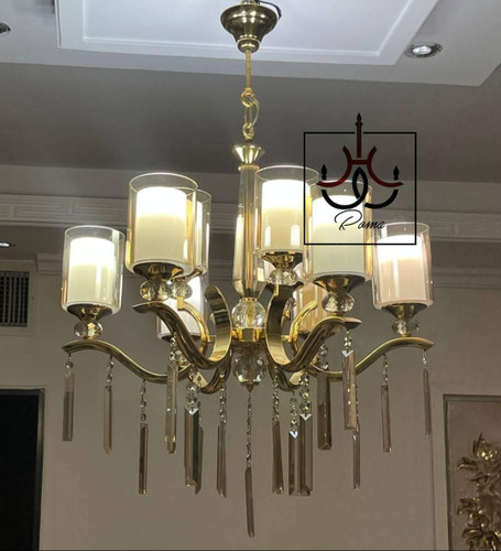 لوستر ۹ شاخه لهستانی مرغابی رنگ طلایی با آویزهای کریستالی و طراحی لوکس مناسب پذیرایی و سالن